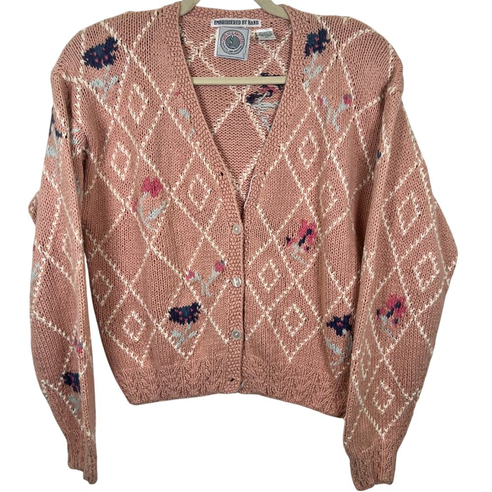Vintage Cape Isle Knitters Hand Embroidered Floral Cardigan Sz M